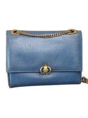 Celine Blue Vintage Leather Chain Strap Shoulder Bag With Gold Hardware